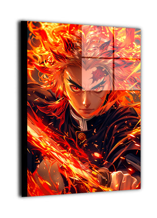 Flameheart Resolve Rengoku metal wall art print with blazing Flame Hashira portrait