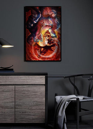 Rengoku vs Akaza Final Clash acrylic wall art displayed in a modern room, artwork by Ray Dash