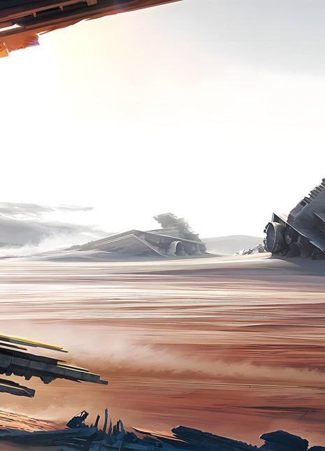 Rey Beyond the Wreckage original artwork: shows Rey seated at the edge of a vast metal ruin with her staff beside her.