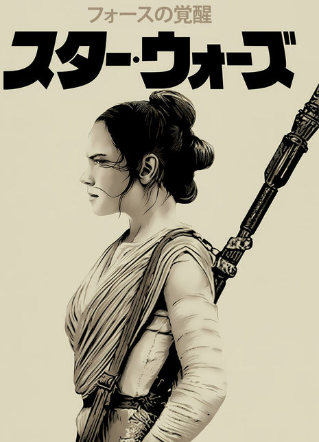 Rey Scavenger in Profile original artwork: shows Rey in side profile with wrapped forearms, tied-back hair and a long staff behind her shoulder.