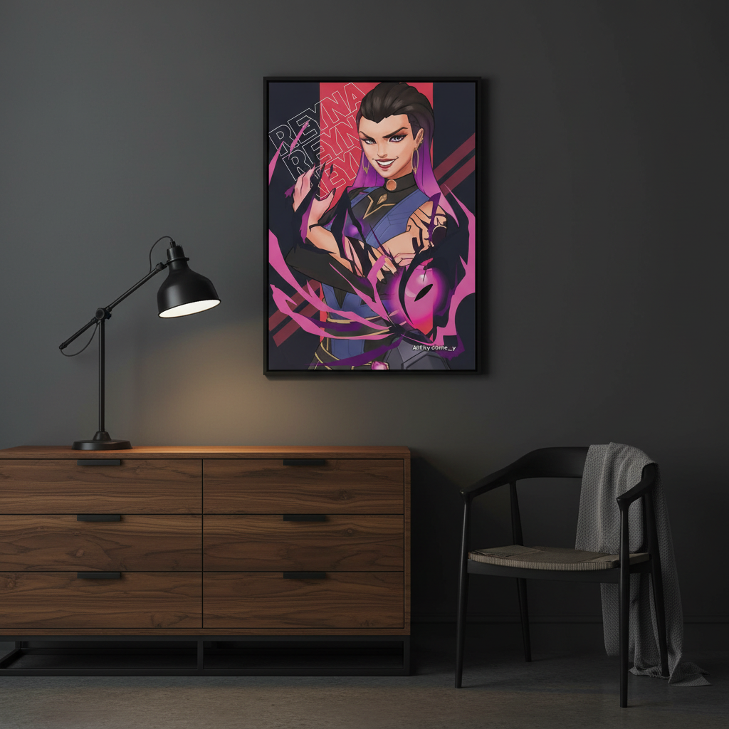Reyna artwork in dark moody room