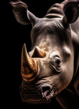 Rhinoceros angled left with two warm-brown horns and deeply folded skin against black.