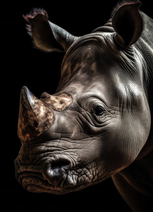 Rhinoceros in three-quarter view with a broad front horn and deeply folded gray skin against black.