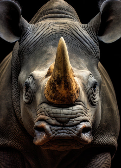 Front-facing rhinoceros with tall golden-brown horn, wide ears and wrinkled gray skin on black.