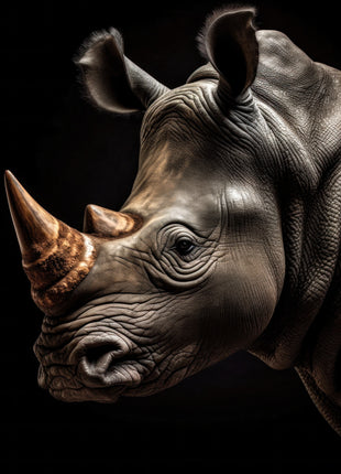 Rhinoceros looking left with a pointed bronze-colored horn and deeply creased gray muzzle on black.