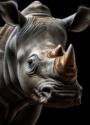 Rhinoceros turned right with two golden-brown horns and silver-gray folded skin against black.