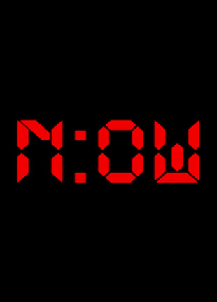 Red segmented digital-clock lettering spelling N:OW, centered on a black background.