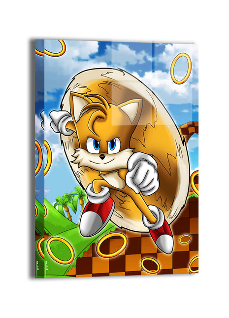 Metal—sleek finish on action pose of twin-tailed platformer hero; art by Emmanuel Centeno.