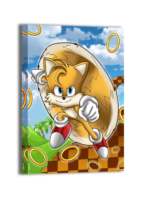 Canvas—two-tailed hero in mid-dash with floating rings and bright sky; art by Emmanuel Centeno.