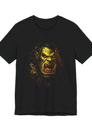 Front of black T-shirt showing a roaring green orc with red eyes, long tusks, a nose ring and dark hair.