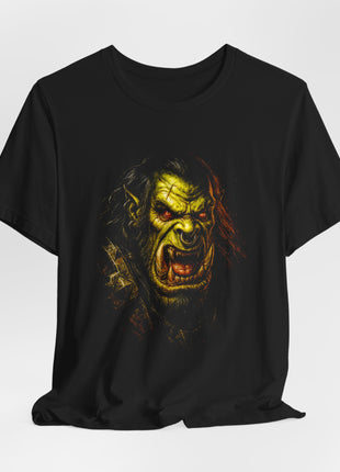 Draped black T-shirt with gathered hem showing a roaring green orc with red eyes, long tusks, a nose ring and dark hair.