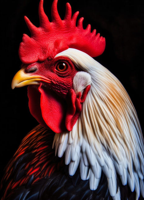 Rooster in profile with a red comb, yellow beak and ivory neck feathers against black.