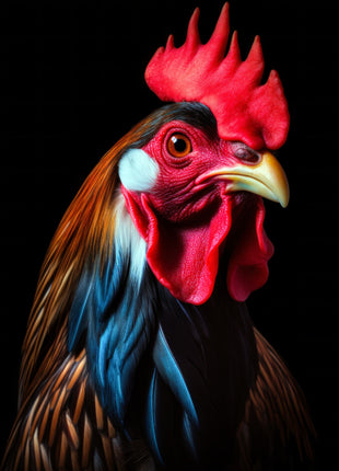 Rooster with a red comb, copper feathers and blue-green neck highlights against black.