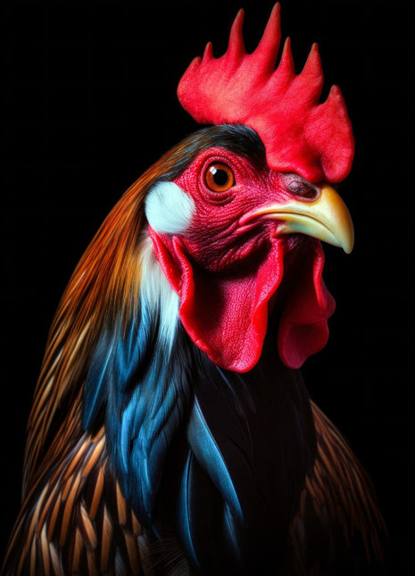 Rooster with a red comb, copper feathers and blue-green neck highlights against black.