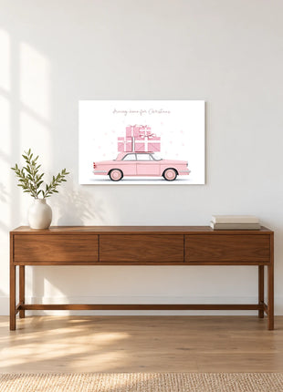 Rose-Colored Homecoming wall art displayed above a walnut console against a white wall