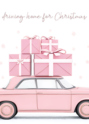 Pale pink classic-style sedan in side profile with stacked pink gifts and fine driving home for Christmas script on an open white background; Rose-Colored Homecoming artwork