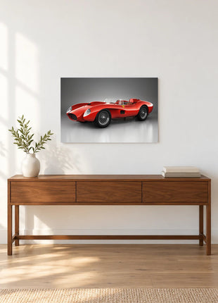Rosso Wirewheel shown as horizontal acrylic wall art above a wooden console with a vase of leafy stems and stacked books.