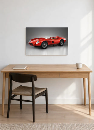 Rosso Wirewheel shown as horizontal acrylic wall art above a wooden desk with a notebook, pencil and white mug.