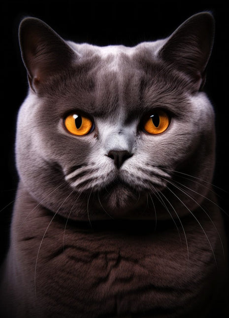 Round-faced gray cat with amber eyes and dense plush fur against black.