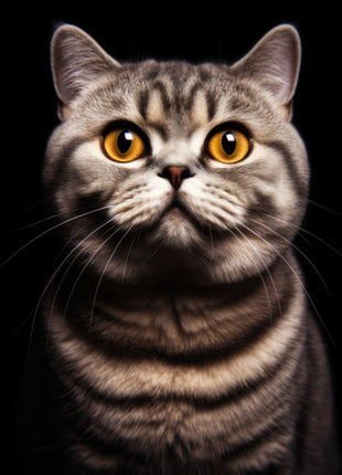 Round-faced gray-brown tabby looking upward with amber eyes and bold curved chest stripes.