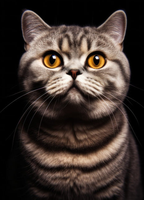 Round-faced gray-brown tabby looking upward with amber eyes and bold curved chest stripes.