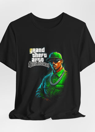 Draped front view of the black Ryder San Andreas Portrait Graphic T-Shirt.