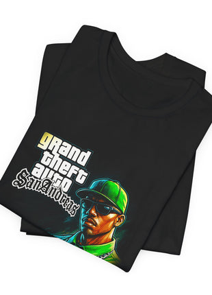 Folded view of the black Ryder San Andreas Portrait Graphic T-Shirt.