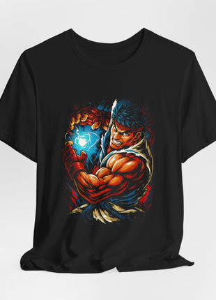 Draped front view of the black Ryu Hadouken Charge Graphic T-Shirt.