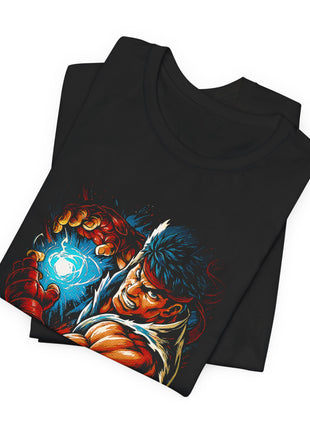 Folded view of the black Ryu Hadouken Charge Graphic T-Shirt.