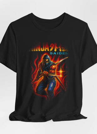 Draped front view of the black Ryu Hayabusa Ninja Blade Graphic T-Shirt.