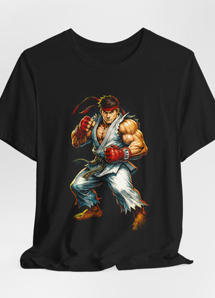 Draped front view of the black Ryu Sketch Fighter Graphic T-Shirt.