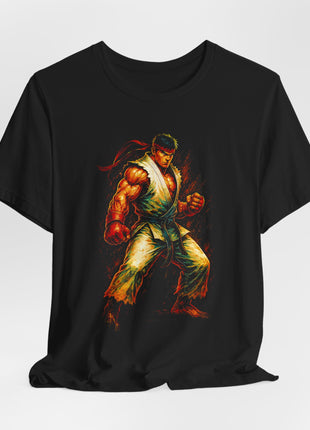 Draped front view of the black Ryu Warrior Stance Graphic T-Shirt.