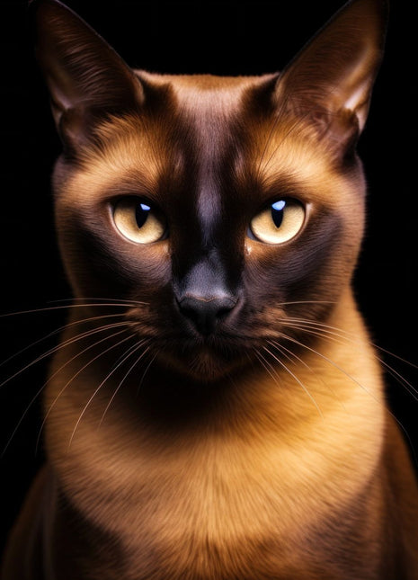 Sable colorpoint cat facing forward with pale gold eyes, small blue catchlights, a dark facial mask and warm tan chest.