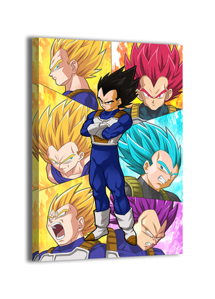 Saiyan Prince Transformations wall art canvas displaying a dynamic collage of evolving saiyan power states with intense expressions and dramatic lighting, printed on stretched canvas and ready to hang from Snapping Turtle Gallery
