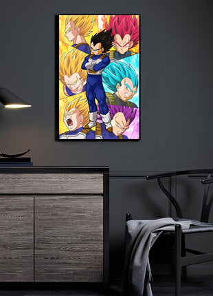 Saiyan Prince Transformations wall art displayed in a modern anime-inspired room, featuring a bold multi-form transformation composition as premium wall décor from Snapping Turtle Gallery