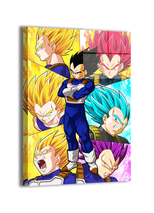 Saiyan Prince Transformations wall art metal print showcasing crisp contrast and radiant energy tones, capturing layered transformation imagery on durable aluminum by Snapping Turtle Gallery