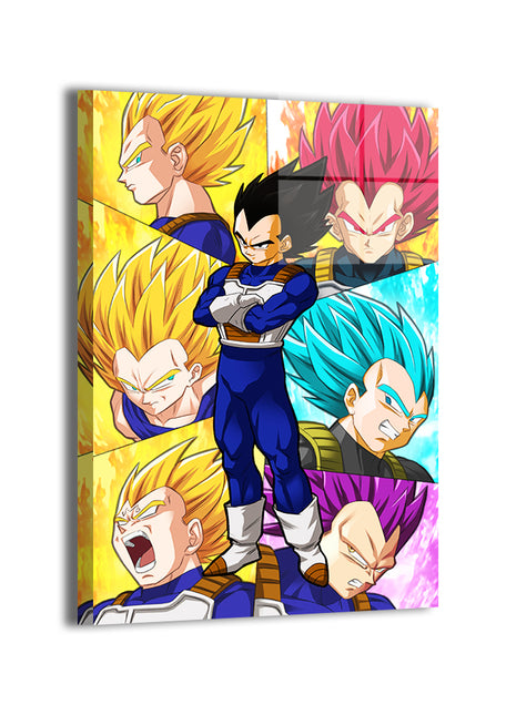 Saiyan Prince Transformations wall art metal print showcasing crisp contrast and radiant energy tones, capturing layered transformation imagery on durable aluminum by Snapping Turtle Gallery