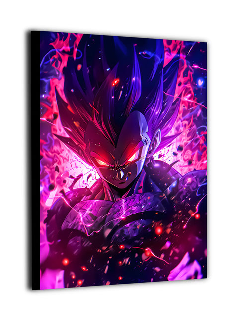 Powerful anime fighter surrounded by violet and crimson energy flames, high-detail canvas wall art with bold lighting effects