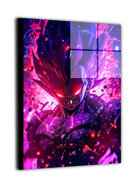 Vibrant metal wall art showing a battle-ready anime character engulfed in glowing purple and red power, ultra-sharp detail finish