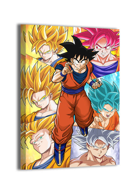 Saiyan Transformations wall art canvas displaying a dynamic collage of Saiyan transformations with bold colors and high-energy motion, printed on stretched canvas and ready to hang from Snapping Turtle Gallery