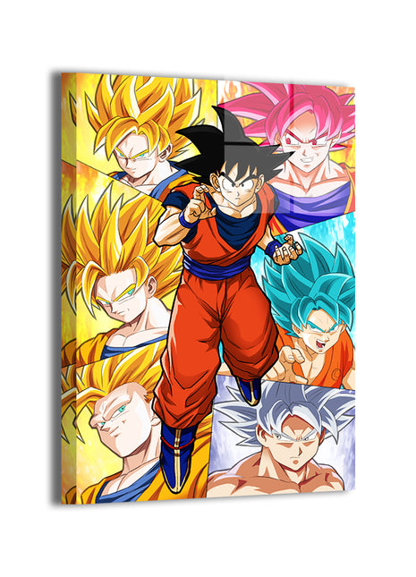 Saiyan Transformations wall art metal print featuring crisp contrast and luminous color, capturing multiple saiyan forms on durable aluminum by Snapping Turtle Gallery
