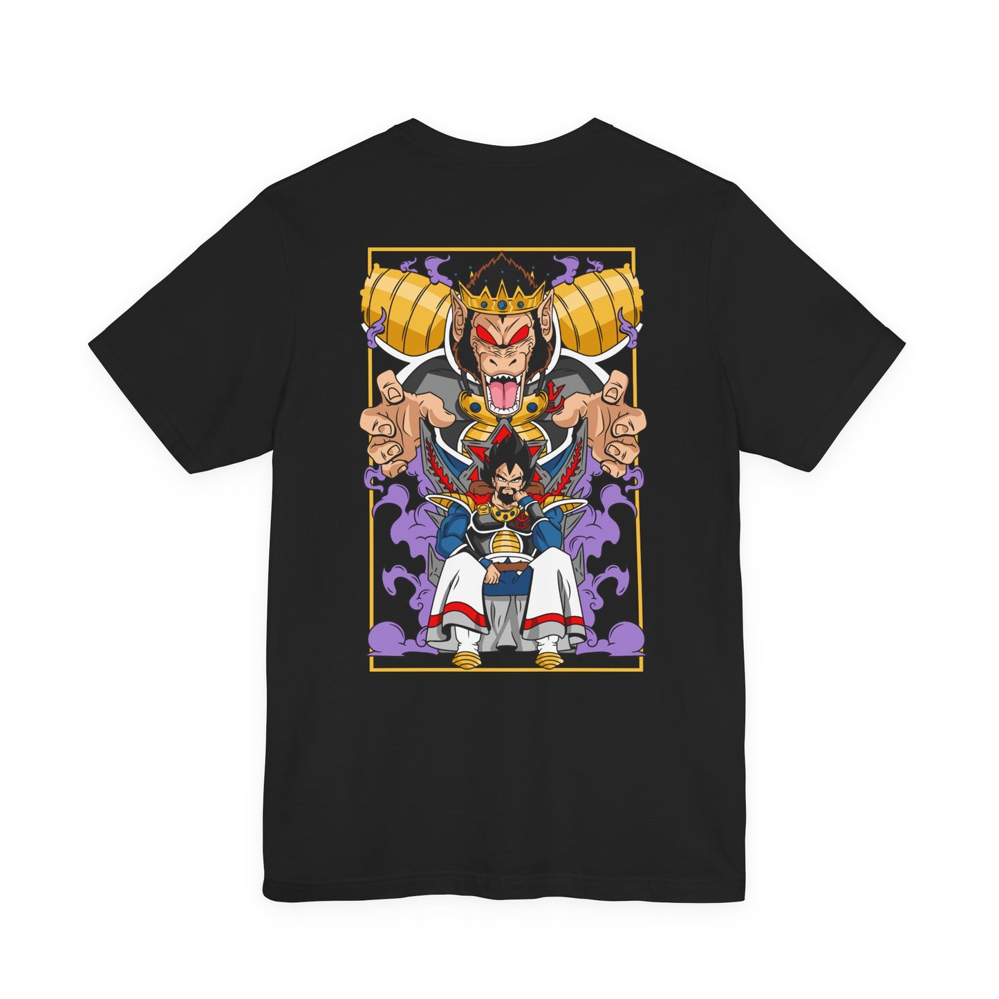 Saiyan King Throne Anime Shirt on black, angled front view, premium anime shirt by Snapping Turtle Gallery

