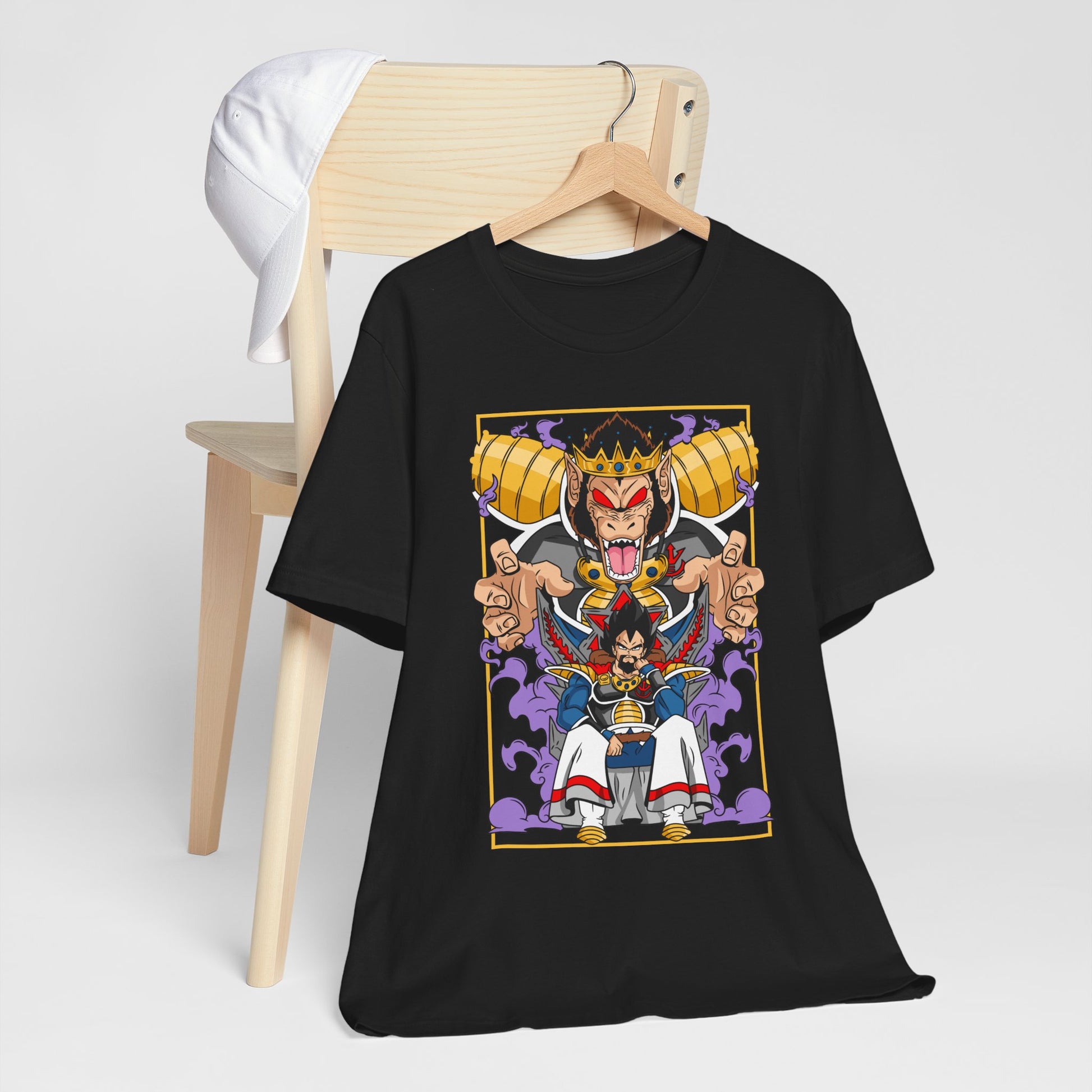  Saiyan King Throne Anime Shirt printed on black, front view, anime apparel at Snapping Turtle Gallery

