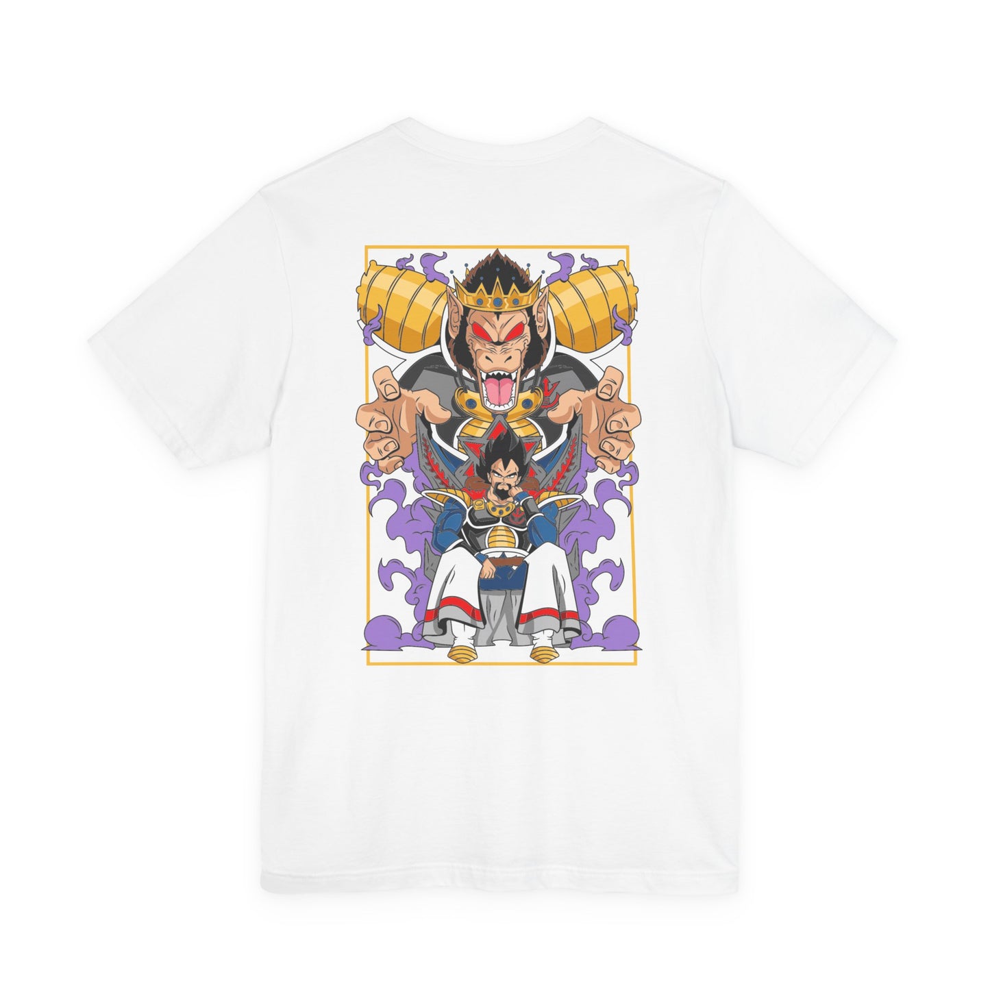Saiyan King Throne Anime Shirt printed on white, front view, anime apparel at Snapping Turtle Gallery

