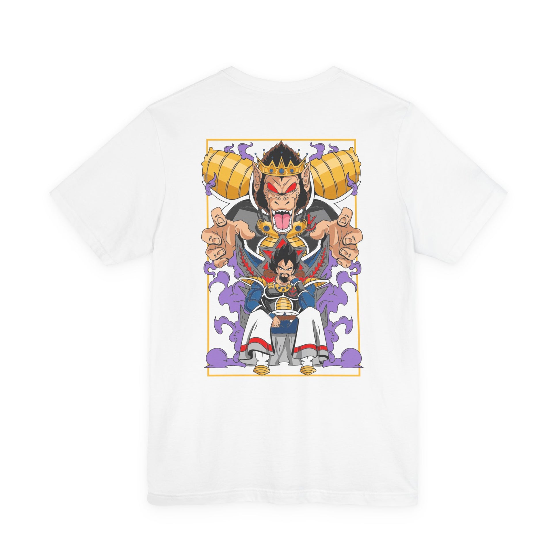 Saiyan King Throne Anime Shirt printed on white, front view, anime apparel at Snapping Turtle Gallery

