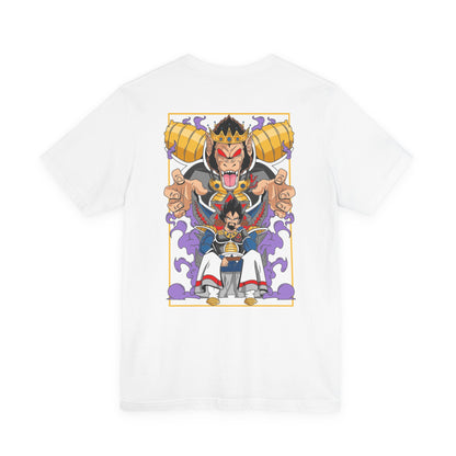 Saiyan King Throne Anime Shirt printed on white, front view, anime apparel at Snapping Turtle Gallery

