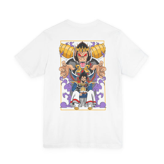 Saiyan King Throne Anime Shirt printed on white, front view, anime apparel at Snapping Turtle Gallery

