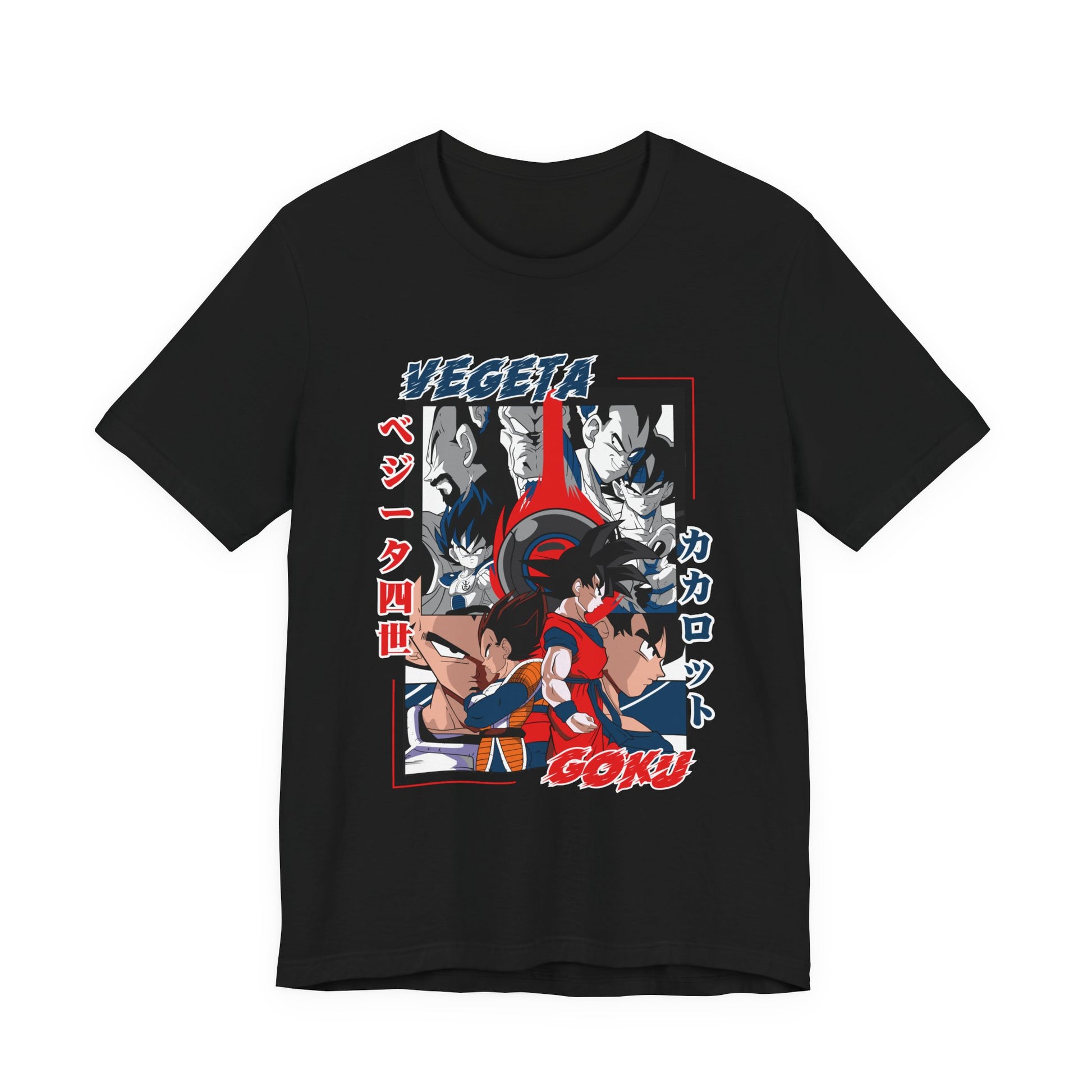 Alt: Saiyan Rivalry Anime Shirt on black, angled front view, anime streetwear by Snapping Turtle Gallery

