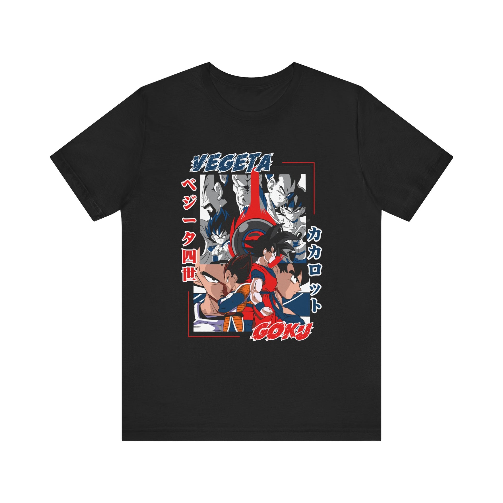 Alt: Saiyan Rivalry Anime Shirt printed on black, front view, anime apparel by Snapping Turtle Gallery

