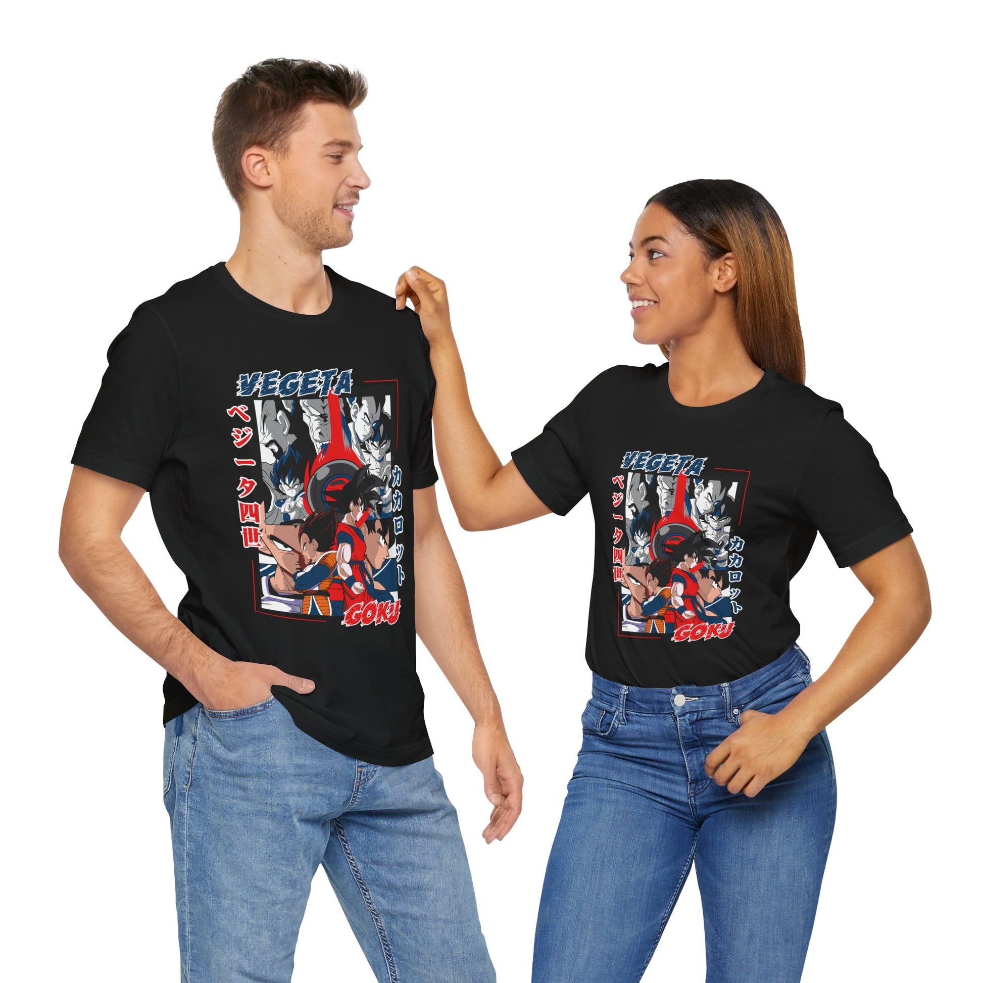 Alt: Saiyan Rivalry Anime Shirt on black, worn by models, lifestyle display by Snapping Turtle Gallery

